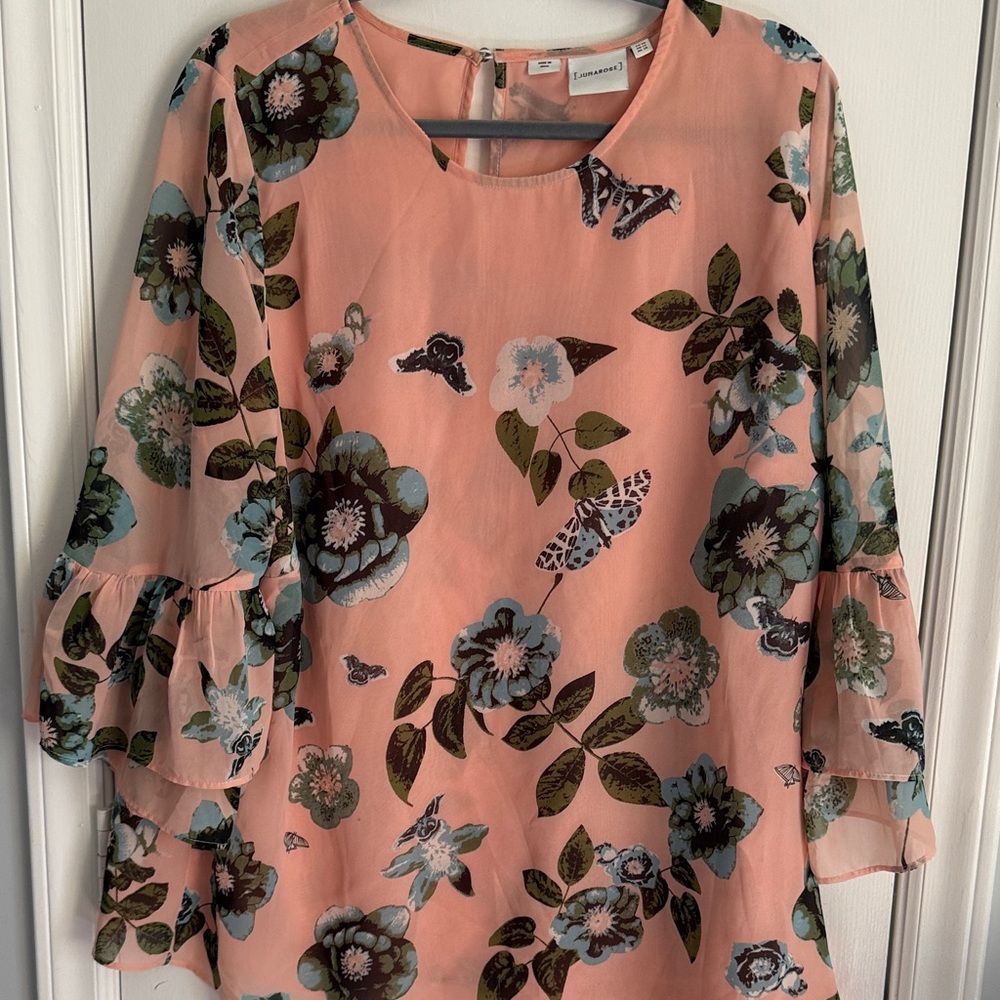 Junarose Peach Floral Ruffle Sleeve Blouse
